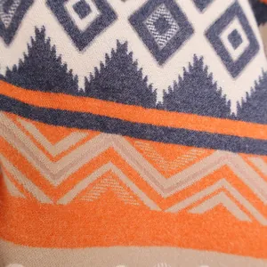 Detailed close-up of geometric Mayan patterns on a navy blue and orange wool-feel scarf
