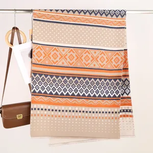 Close-up of ethnic Maya pattern scarf with fringe detail and soft cashmere texture