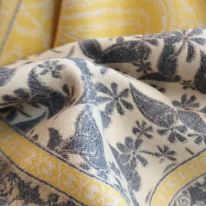 Macro view of paisley print on premium faux cashmere fabric with elegant yellow borders