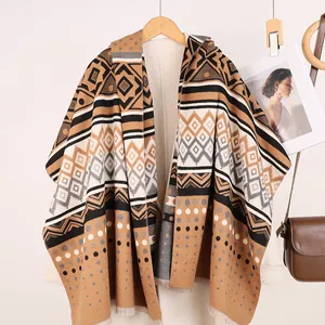 Ethnic Maya Pattern Double Sided Scarf Women Bohemian Geometric Tassel Shawl Imitation Cashmere Winter Warm Large Wrap Scarf