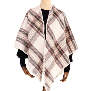 Scialle a quadri beige e marrone da donna, mantella morbida stile cashmere per l'autunno