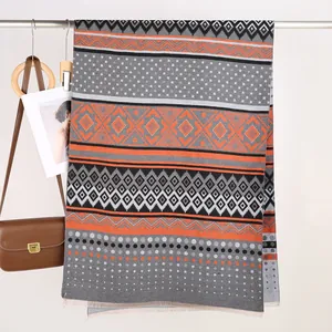 Detail of Mayan geometric scarf showing thick material texture and tassel edges