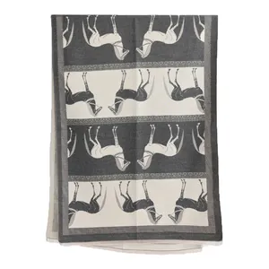 Écharpe haut de gamme en cachemire avec motif de cheval élégant en gris et crème hiver