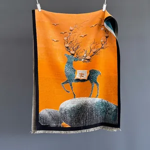 Detaillierte Strickstruktur des Schals im Ölgemäldestil mit Hirsch und Pflaumenblüten-Muster