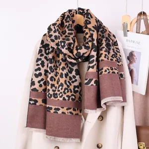 Women Fashion Leopard Print Viscose Faux Cashmere Scarf Large Shawl Wrap Thickened Warm Pashmina With Tassel For Winter