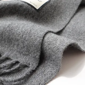 Nahaufnahme des dunkelgrauen Wollschals mit weicher Textur und Fransen-Details