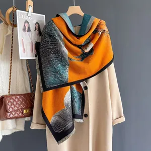 Artistic oil painting style thick cashmere scarf with tassels and deer motif