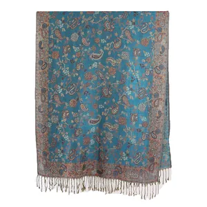 Sciarpa retrò ottanio con motivo jacquard paisley ed eleganti frange stile etnico
