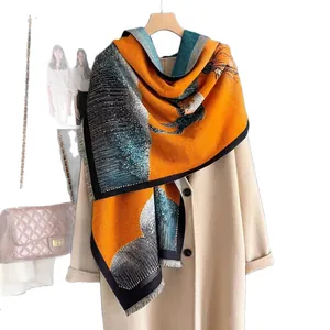 Artistic oil painting style cashmere scarf with orange and green patterns and tassels