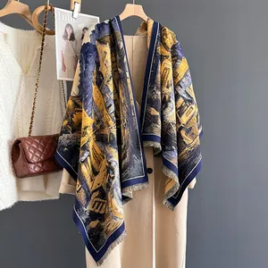 Scialle artistico in cashmere con frange, sciarpa invernale spessa da donna multicolore