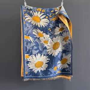 Women Daisy Jacquard Scarf Cashmere Like Warm Shawl Wrap Winter Thickened Floral Tassel Pashmina For Lady Gift Outdoor