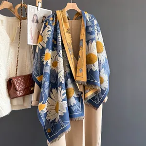 Daisy print cashmere-like scarf with fringe in blue and yellow contrast colors