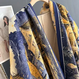 Dettaglio del motivo jacquard con pittura a olio architettonica su tessuto spesso