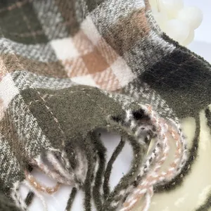 Classic olive green and camel plaid wool scarf with thick tassels for winter warmth