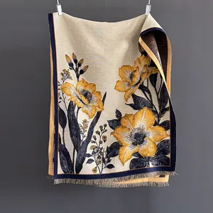 Women Elegant Lily Floral Print Thickened Long Scarf Imitation Cashmere Viscose Shawl Wrap With Tassels Vintage Winter Scarf