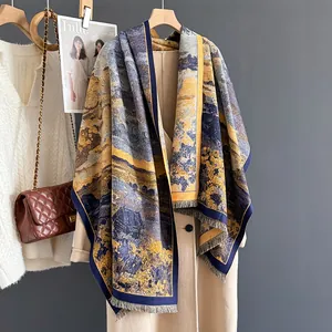 Retro landscape oil painting cashmere-feel scarf with tassels for winter fashion