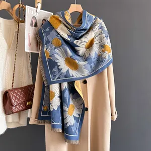 Blue cashmere-feel shawl scarf with large daisy flower print and fringe details