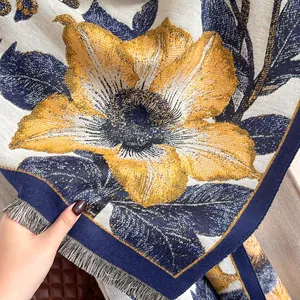 Floral cashmere scarf with yellow flower print and fringe hem for women in winter