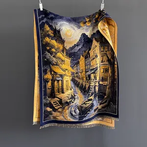 Sciarpa Artistica Con Pittura a Olio per Donna Scialle in Imitazione Cachemire Caldo e Spesso Con Nappine Vintage Invernale