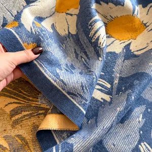 Thick daisy patterned cashmere-like scarf shawl with soft blue woven texture
