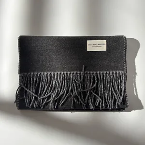 Detail of dark grey wool muffler showing thick texture and fine fringe edges