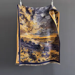 Vintage Oil Painting Landscape Cottage Jacquard Scarf With Tassels Soft Warm Cashmere Like Large Pashmina Shawl For Women Winter Accessory