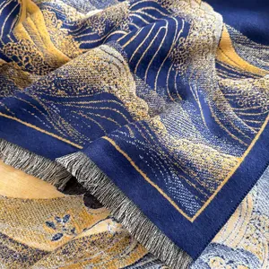 Sciarpa spessa stile pittura a olio con motivo a onde, tessuto morbido e frange grigie