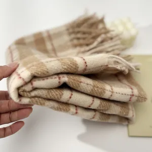 Thick beige and brown plaid wool scarf with tassels, cozy winter pashmina wrap for women