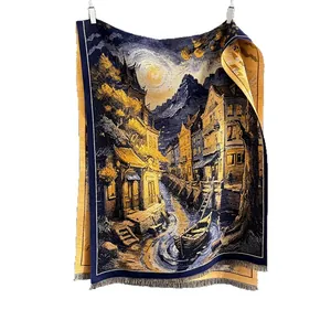 Sciarpa spessa stile pittura a olio in finto cashmere con motivo notte stellata e nappe