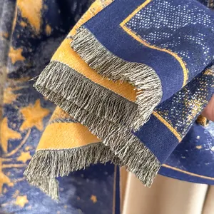 Elegant navy blue and yellow star pattern pashmina shawl with fine grey fringes