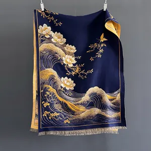 Sciarpa da Donna Effetto Cashmere con Stampa Vintage Pittura a Olio Loto Onde del Mare Elegante Scialle Invernale Caldo con Nappine
