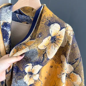 Winter yellow floral knit scarf for women, thick cashmere-like shawl with artistic patterns