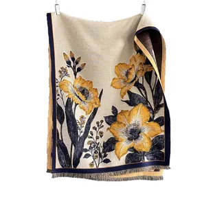 Elegant floral cashmere-feel scarf with yellow lilies, jacquard weave and tassel hem
