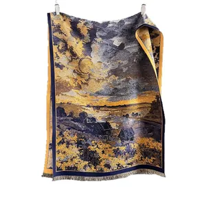 Artistic oil painting style woven throw blanket with fringe edge and golden village scenery