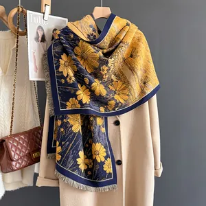 Premium yellow and navy floral cashmere scarf with long tassels for winter outfits