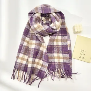 Classic purple and white plaid wool scarf with tassels, thick warm autumn winter shawl