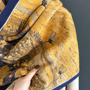 Ginger yellow daisy floral thick cashmere-like shawl wrap with contrast navy edges