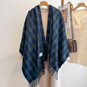 Classic blue and green plaid cashmere-like scarf with long tassels for autumn winter wear