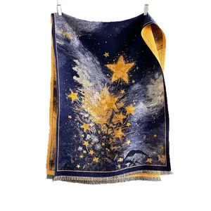 Navy blue and yellow star pattern pashmina shawl with fringe on white background