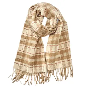 Beige and light brown plaid wool scarf with fringe detail for autumn and winter