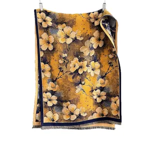 Winter yellow floral cashmere-feel scarf with elegant flower pattern and tassel edges