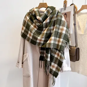 Women's Plaid Wool Scarf Autumn Winter Thick Warm Tassel Shawl Fashion Long Plaid Wrap For Ladies