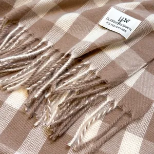 Detailed macro view of checkered pattern scarf with brown tassels and soft woven texture