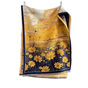 Golden daisy woven cashmere-feel shawl scarf with landscape pattern and fringe tassels