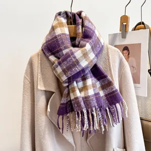 Classic purple and white plaid wool scarf with tassels on beige coat for women
