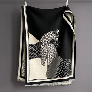 Fashion jacquard horse pattern scarf with tassels, thick warm shawl for women in black and white