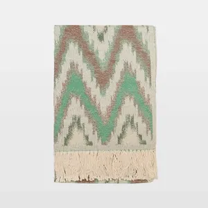 Ethnic style cashmere feel scarf with green zigzag pattern and fringe trim tassels