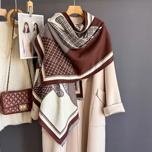 Chic horse jacquard warm shawl with classic plaid pattern and fringe for women