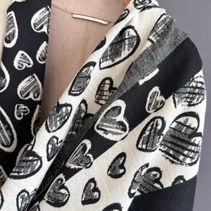 Classic black and white checkered scarf with heart pattern, warm cashmere-like shawl for winter