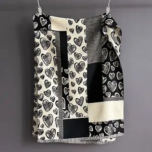 Classic heart plaid cashmere-like shawl with elegant fringe in black white and grey